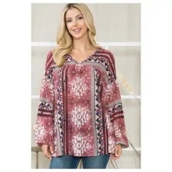 Bohemian Aztec Print V-neck Top Small - Picture 1 of 3